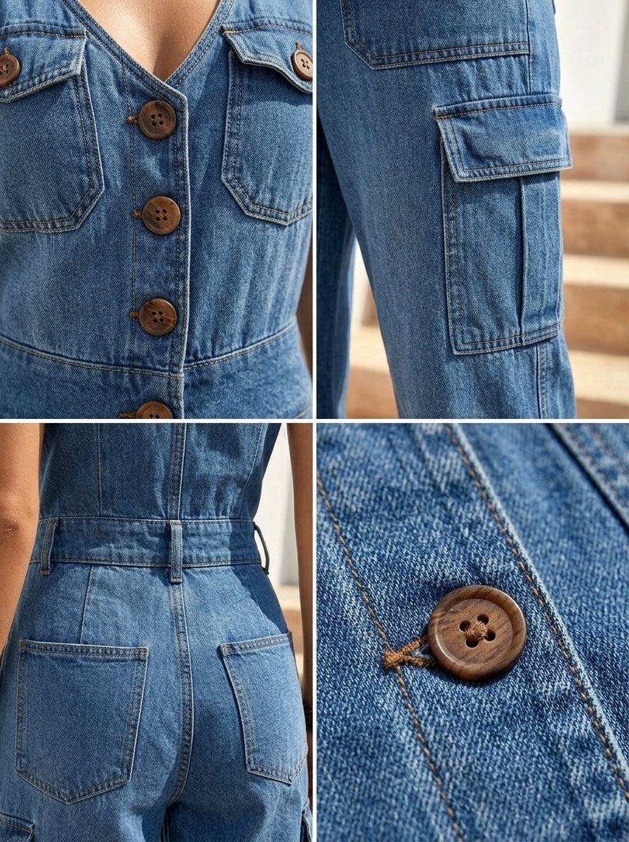 Women’s Solid-color Vest V-neck And Pockets Casual One Piece Denim Jumpsuit